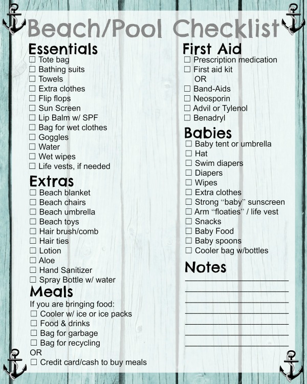 Free Printable Beach Pool Checklist Budget Earth