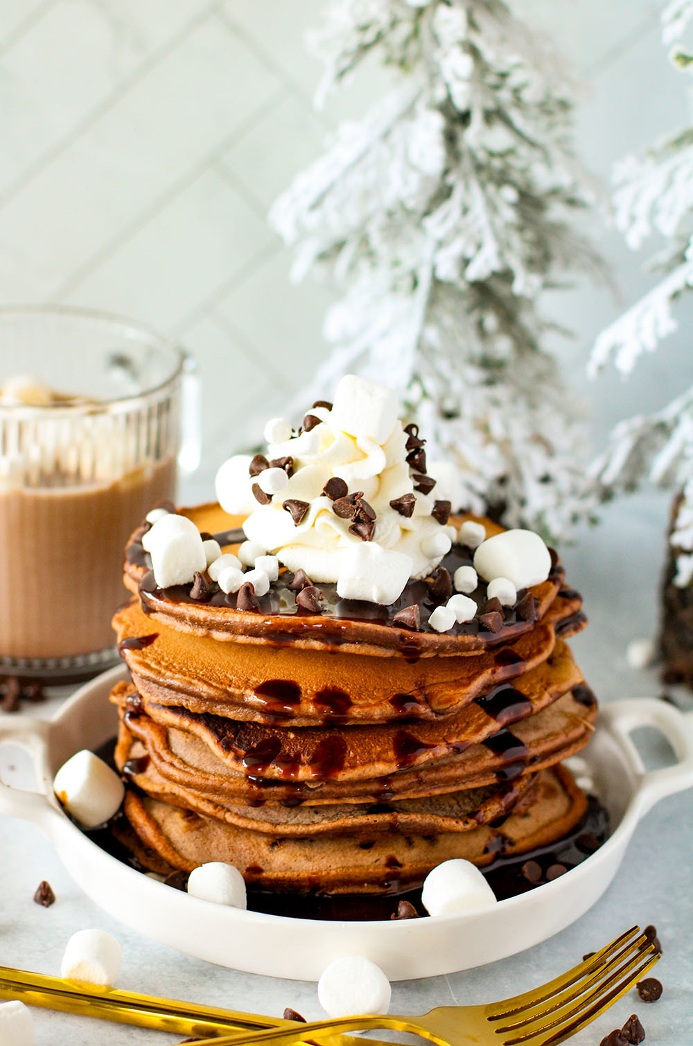 fluffy hot cocoa pancakes on a plate with marshmallows