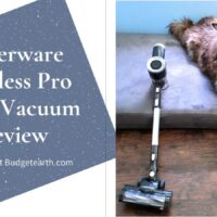 Ivi the red Alaskan malamute sitting next to and looking curiously at the Faberware Cordless Pro Stick Vacuum